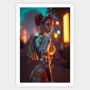 Day of the Dead Cyperpunk Beauty with Futuristic Cityscape - Ultra Realistic Sticker